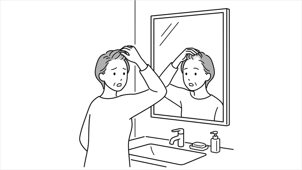 鏡をみて薄毛の進行にショックを受ける50代女性